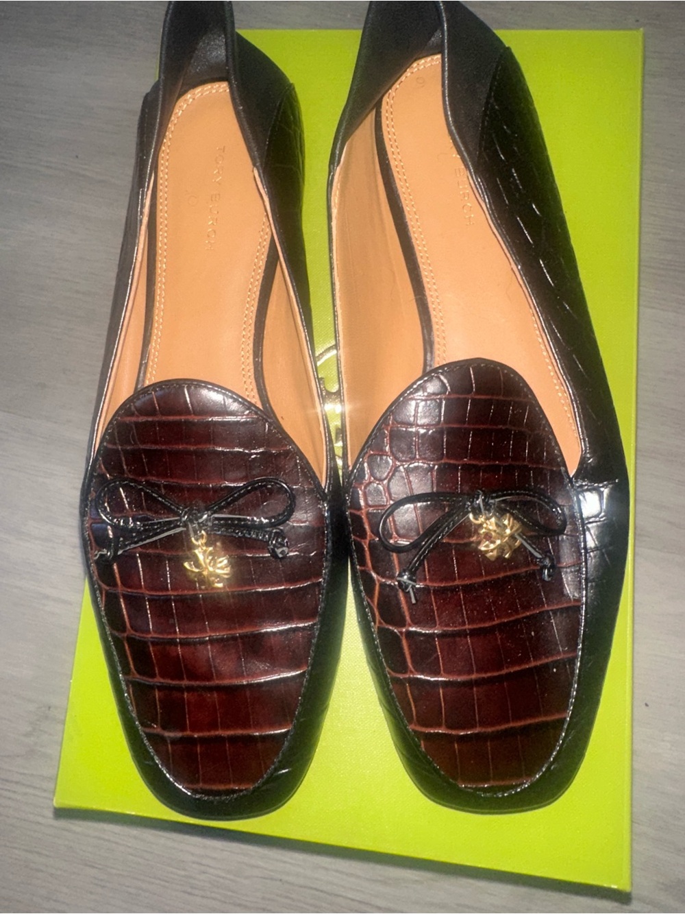 Tory Burch Brown Croc-Embossed Leather Loafers with Gold Charm